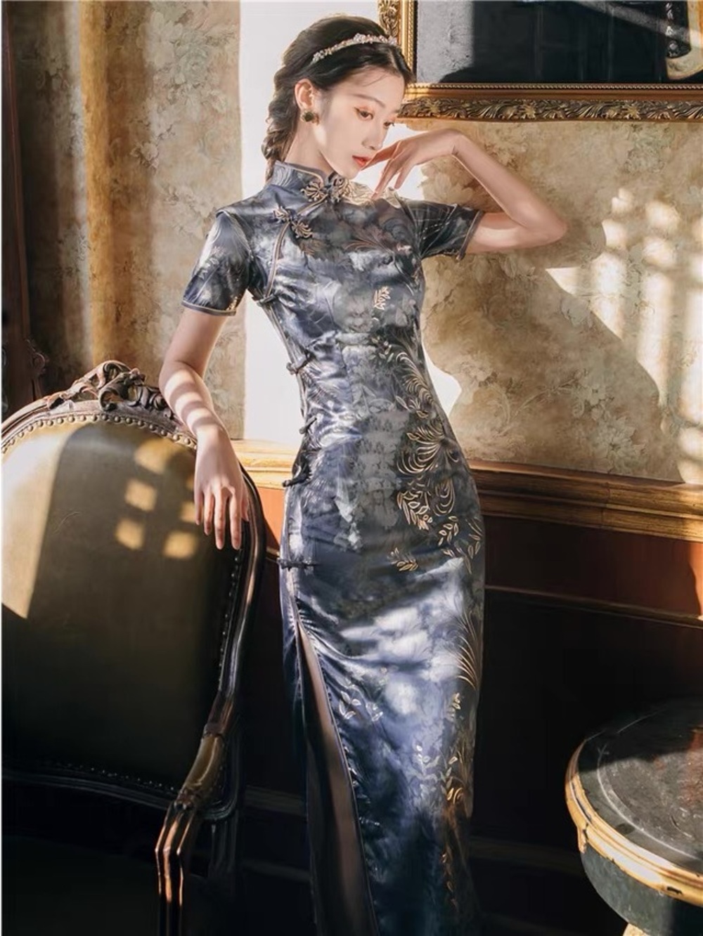 Elegant Navy Floral Satin Cheongsam Dress with Gold Accents